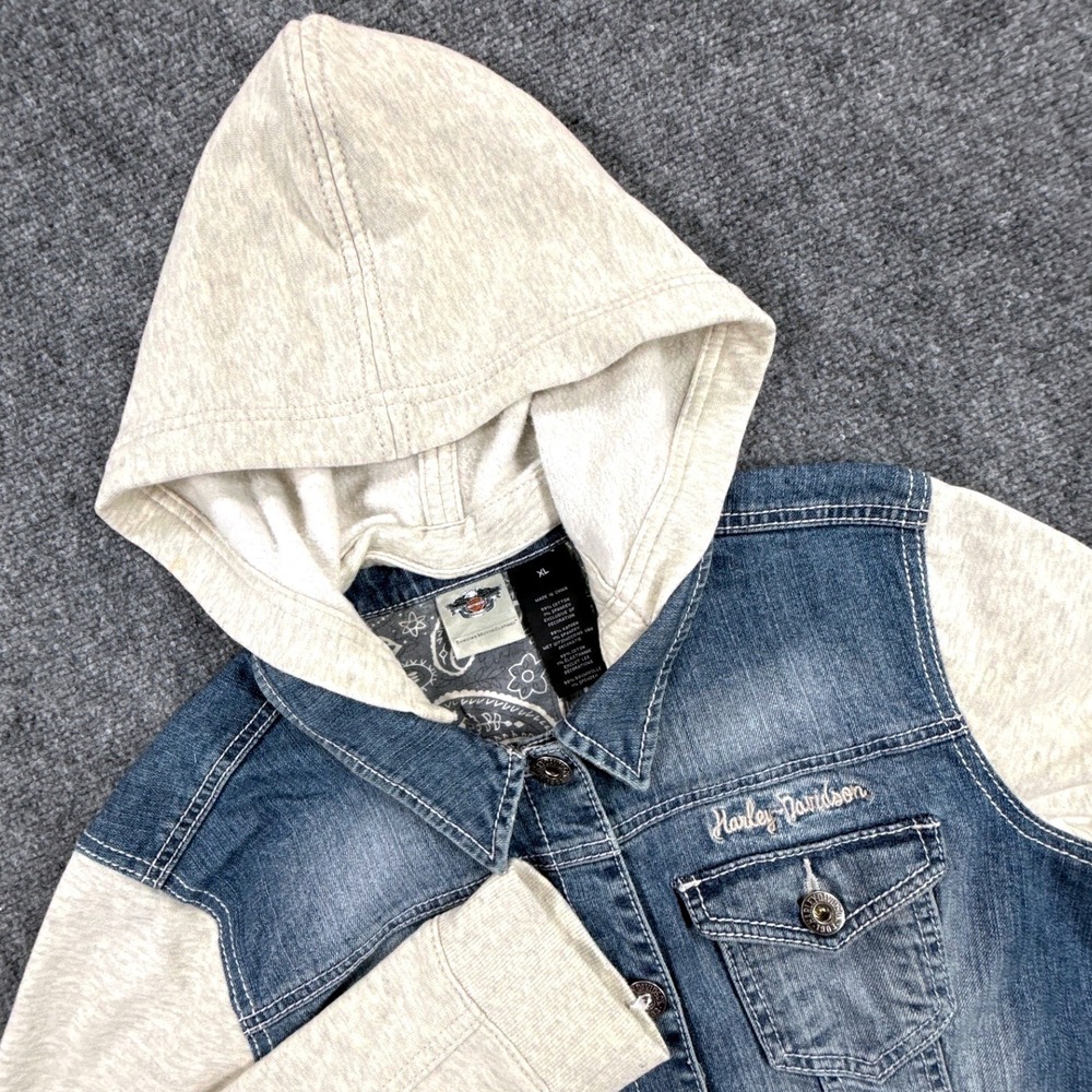 Harley Davidson Womens XL Denim Hoodie Jacket Embroidered Rhinestone 96000-13VW